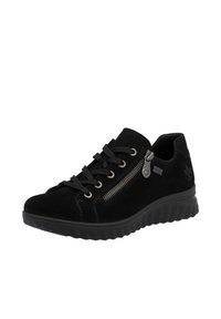 Schwarze Wildledersneaker mit niedrigem Profil, Schnürdesign und seitlichem Reißverschlussdetail. Verfügt über eine strukturierte Gummisohle für Grip und Dämpfung.