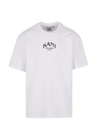 White cotton t-shirt with a crew neckline, short sleeves, and a black logo that reads "KANI Brooklyn NYC" across the chest.