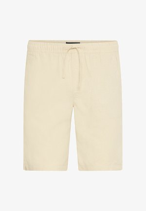 Shorts beige clair en tissu doux, dotés d'une taille élastique avec cordon de serrage, de poches latérales et d'une coupe droite.