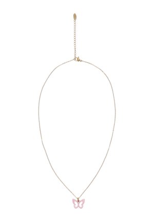 Hieno kultainen ketjukaulakoru, jossa pieni vaaleanpunainen perhosen muotoinen riipus ja säädettävä kultainen lukko.