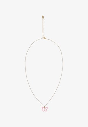 Hieno kultainen ketjukaulakoru, jossa pieni vaaleanpunainen perhosen muotoinen riipus ja säädettävä kultainen lukko.