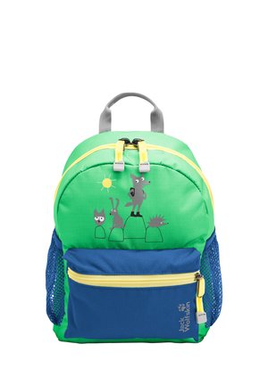 Sac à dos pour enfants vert et bleu avec des fermetures éclair jaunes et des illustrations d'animaux de dessin animé sous un soleil sur la poche avant.