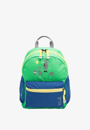 Sac à dos pour enfants vert et bleu avec des fermetures éclair jaunes et des illustrations d'animaux de dessin animé sous un soleil sur la poche avant.