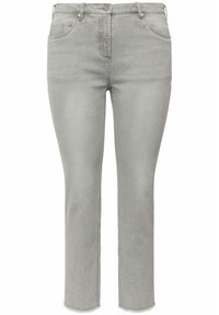 Grijze denim jeans met een rechte pasvorm, voorzien van een knoopsluiting, vijf zakken en een ruwe zoomafwerking aan de mouwen.