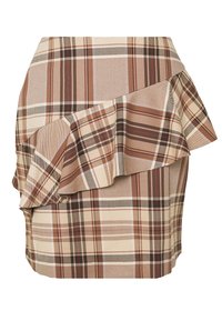 Spódnica w kratę w odcieniach beżu, brązu i kremu z falbaną w talii. Wykonana z teksturowanej tkaniny o dopasowanej sylwetce.