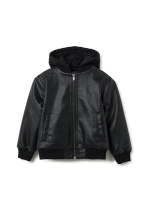 Schwarze Lederbomberjacke mit einem Reißverschluss, gerippten Bündchen und einem schwarzen hudigen Futter. Verfügt über zwei Seitentaschen und eine glatte Textur.