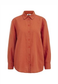 Rostfarbiges Hemd mit Knopfleiste aus Leinen. Verfügt über einen klassischen Kragen, lange Ärmel und passende Knöpfe an der Vorderseite.