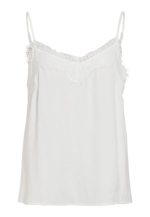 Witte cami met kantafwerking aan de halslijn en schouderbandjes. Zacht materiaal, losse pasvorm, met subtiele franjes aan de kanten randen.