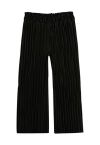 Pantalons larges noirs avec des plis verticaux, une taille élastique et une texture lisse. L'ourlet est droit, offrant une coupe décontractée.