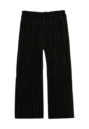 Schwarze weit geschnittene Hose mit vertikalen Falten, elastischem Bund und einer glatten Textur. Der Saum ist gerade geschnitten und bietet eine locker sitzende Passform.