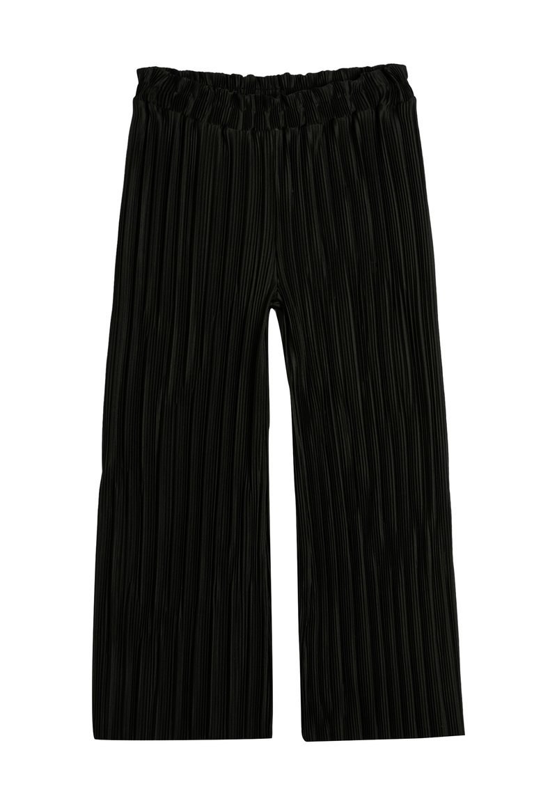 Pantalons larges noirs avec des plis verticaux, une taille élastique et une texture lisse. L'ourlet est droit, offrant une coupe décontractée.