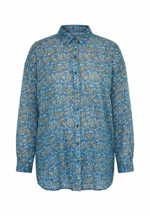 Pitkähihainen napillinen paita, jossa on sininen, vihreä ja oranssi abstrakti kukkakuosi sekä terävä kaulus.