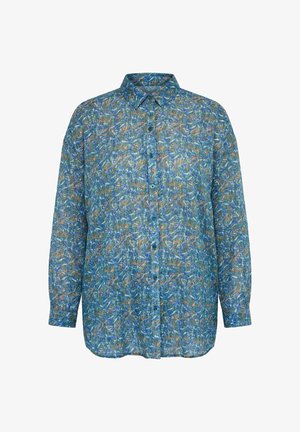 Overhemd met lange mouwen, knopen, en een blauw, groen en oranje abstract bloemmotief met een puntige kraag.