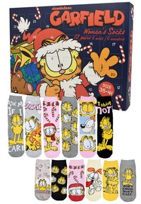 Set di calzini a tema Garfield composto da sei paia di diversi colori, con design di cartoni animati fantasiosi su materiale di cotone. Include motivi e dettagli.