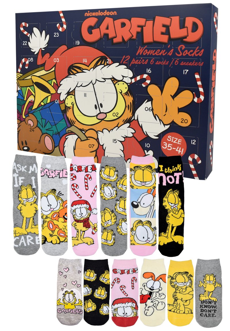 Set di calzini a tema Garfield composto da sei paia di diversi colori, con design di cartoni animati fantasiosi su materiale di cotone. Include motivi e dettagli.