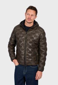 Padded dark green leather jacket with a hood, featuring a zip closure, side pockets, and a textured quilted pattern.