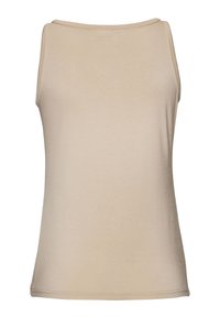 Beige tank top made of soft, stretchy fabric. Features a rounded neckline and narrow straps. Smooth texture with no visible patterns.