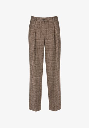 Bruine geblokte broeken met een hoge taille, plooien en een rechte pijp, gemaakt van een gestructureerde stof met complexe patronen.