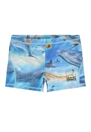 Σορτς κολύμβησης με θαλάσσιο τοπίο που απεικονίζει διάφορα θαλάσσια ζώα, κυρίως μπλε με τονισμένα πράσινα και κίτρινα στοιχεία, φτιαγμένα από μαλακό και ελαστικό υλικό.