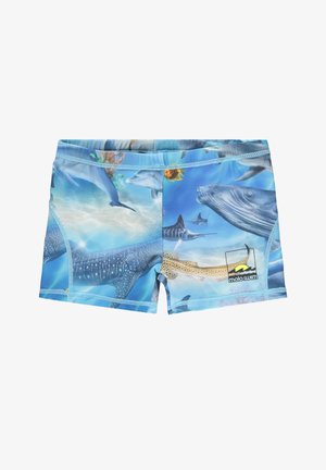 Zwemshorts met een oceaanscène met verschillende mariene dieren, hoofdzakelijk in het blauw met accenten van groen en geel, gemaakt van een zachte, rekbare stof.