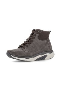Grijze leren hoge sneakers met mesh accenten, gepolsterde kraag en contrasterende rubberen zool. Voorzien van een vetersluiting en een textuur oppervlak.