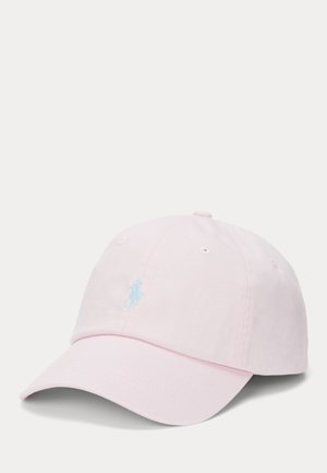 Casquette de baseball rose clair avec visière courbée et petit logo brodé bleu clair au centre avant.
