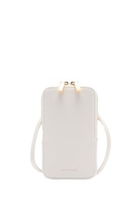 Borsetta per telefono in pelle bianca con finitura testurizzata, hardware della cerniera dorata, tracolla regolabile e logo del marchio impresso sul davanti.