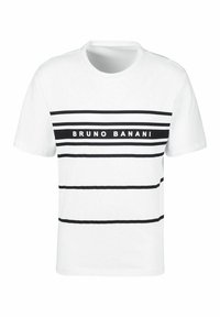 Weißes Baumwoll-T-Shirt mit horizontalen schwarzen Streifen und dem Text "BRUNO BANANI", der in der Mitte zentriert ist. Rundhalsausschnitt-Design.