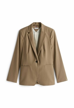 Brun skræddersyet blazer lavet af glat stof, med en enkelt knaplukning, to frontlommer og design med spidse revers.