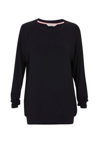 Camicia nera a maniche lunghe con vestibilità ampia, collo rotondo e dettaglio interno in rosa, esposta su uno sfondo bianco.