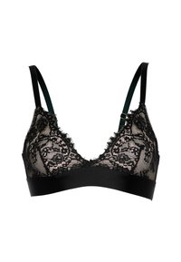 Bralette in pizzo nero con motivi floreali, spalline regolabili e fascia elastica morbida, progettata per un supporto leggero e comfort.