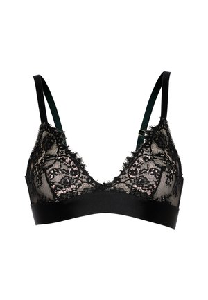 Bralette in pizzo nero con motivi floreali, spalline regolabili e fascia elastica morbida, progettata per un supporto leggero e comfort.