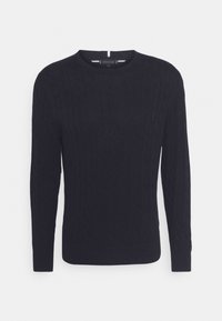 Maglione lavorato a maglia blu navy con motivo a trecce, scollo rotondo e maniche lunghe. Realizzato in un tessuto morbido con una superficie liscia.
