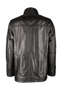 Schwarze Lederjacke mit hohem Kragen, die eine glatte Textur, verdeckte Nähte und einen lockeren Schnitt aufweist. Die Rückenansicht zeigt strukturierte Nähte.