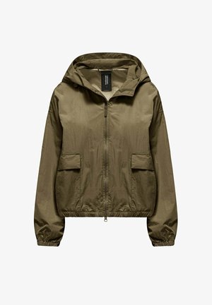 Lekka, oliwkowozielona kurtka z kapturem, zapinana na zamek błyskawiczny z przodu, z dwoma klapowymi kieszeniami oraz elastycznymi mankietami i dołem.