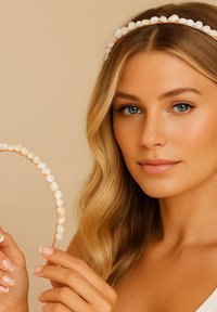 Biała opaska na głowę z małymi, błyszczącymi kamieniami, osadzona na elastycznej beżowej taśmie. Modelka trzyma pasującą opaskę, prezentując gładkie, neutralne tło.