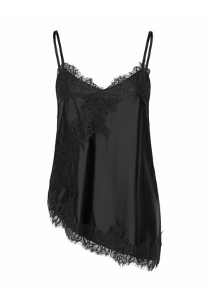 Black satin camisole with asymmetrical hem and floral lace trim along neckline, sides, and bottom, featuring thin shoulder straps.