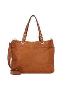 Braune Lederhandtasche mit zwei Obergriffen und einem abnehmbaren Schultergurt. Verfügt über goldfarbene Hardware und eine glatte, strukturierte Oberfläche.