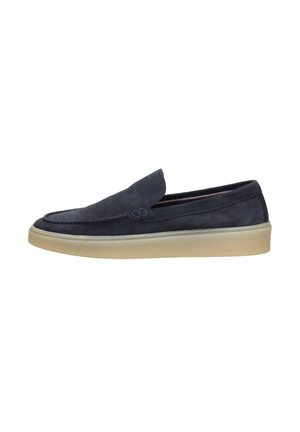 Dark blue suede slip-on shoe with a rounded toe, minimal stitching, and a light-colored rubber sole. Smooth texture with no patterns.