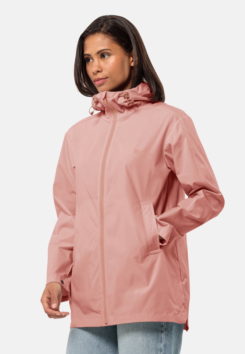 Helle rosa wasserdichte Jacke mit Reißverschluss vorne, verstellbarem Kapuzen und seitlichen Taschen. Glatte Textur, lockerer Schnitt und minimalistische Designdetails.