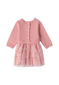 Rosa gestricktes Kleid mit langen Ärmeln, rundem Ausschnitt, fünfknöpfiger Front und einem rock aus blumenmusternder Tüll.