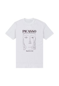 Bílý bavlněný tričko s jednoduchým liniovým kreslením obličeje, se štítkem "Hlava dívky" v maroon textu nad ním. Minimalistický design.