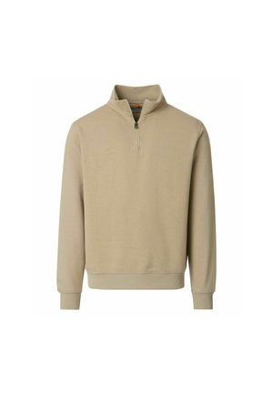 Beige lange mouwen trui met een kwart ritssluiting en opstaande kraag, geribbelde manchetten en tailleband, afgebeeld op een effen witte achtergrond.