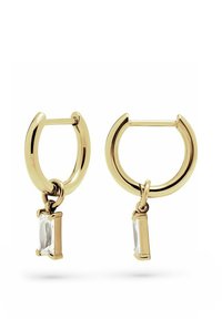 Guldörhängen med hoops och en rektangulär kristallpendel, med en polerad yta och en säker spänningsdesign.