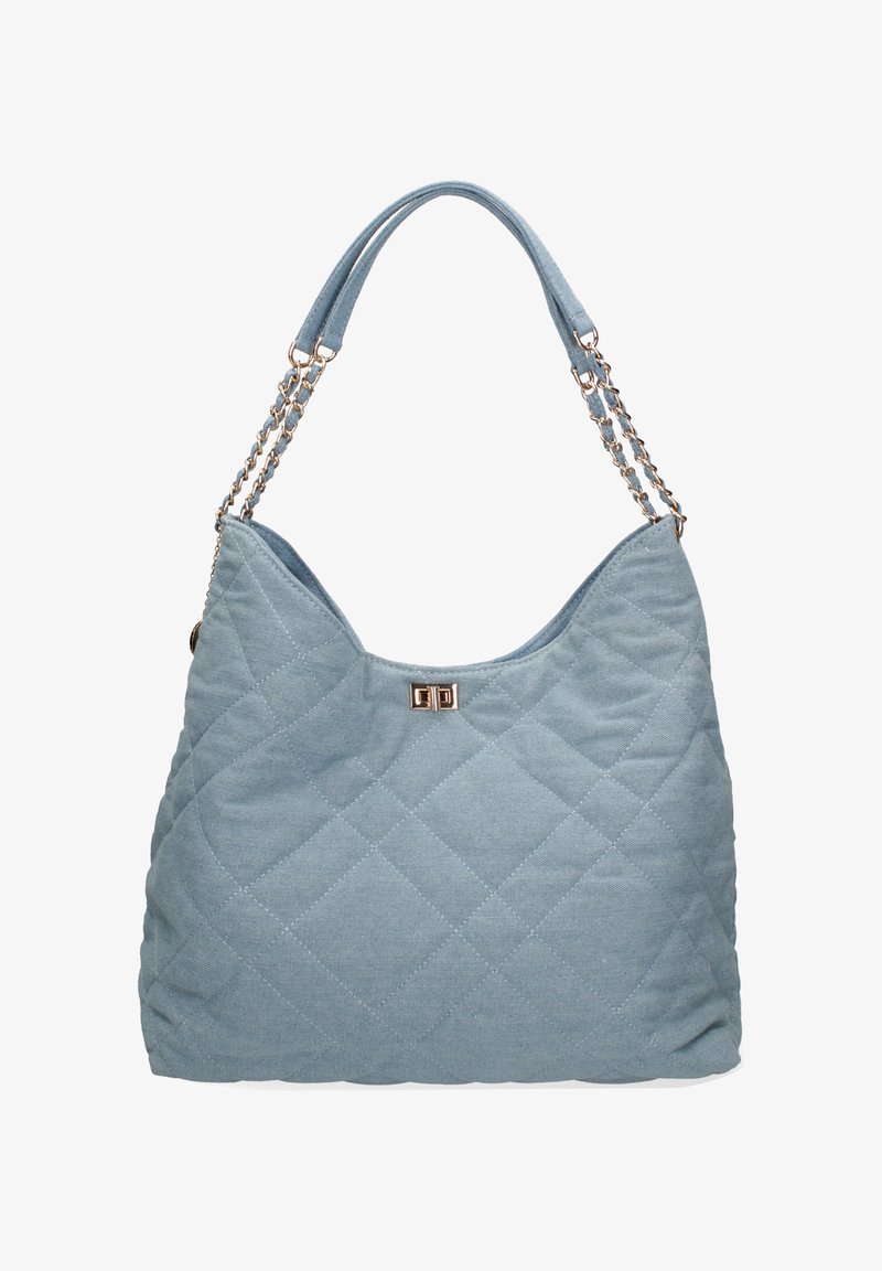 Gequilted blauwe stoffen handtas met een slouchy vorm, dubbele kettinghandvatten en een metallic sluiting accent in het midden bovenaan.