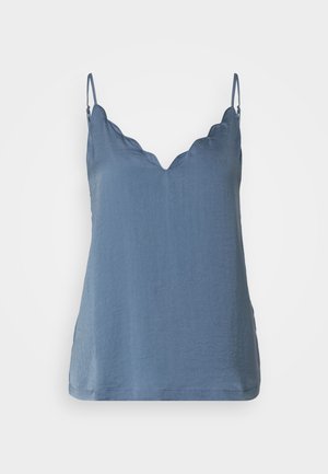 Haut sans manches bleu avec un décolleté en V à bords festonnés, fabriqué en tissu léger, présentant une coupe décontractée et un ourlet qui tombe en dessous de la taille.