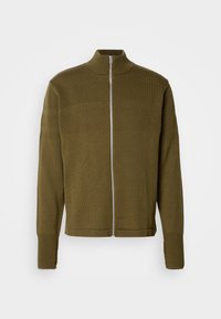 Olive green knitted sweater with a high collar, front zip closure, and ribbed cuffs. Features textured horizontal patterns on the body.
