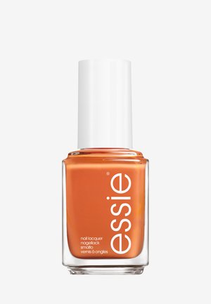 Essie nail lacquer in a glossy orange shade, housed in a square glass bottle with a white cap and clear labeling on the front.
