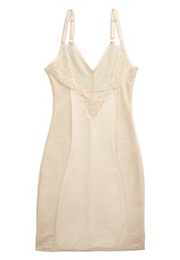 Abito slip nude con dettagli in pizzo sul collo e sull'orlo, spalline regolabili e una silhouette aderente realizzato in tessuto morbido e leggero.