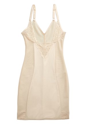 Naga sukienka slip z koronkowymi detalami przy dekolcie i hemie, regulowanymi ramiączkami oraz dopasowanym krojem, wykonana z miękkiej, lekkiej tkaniny.